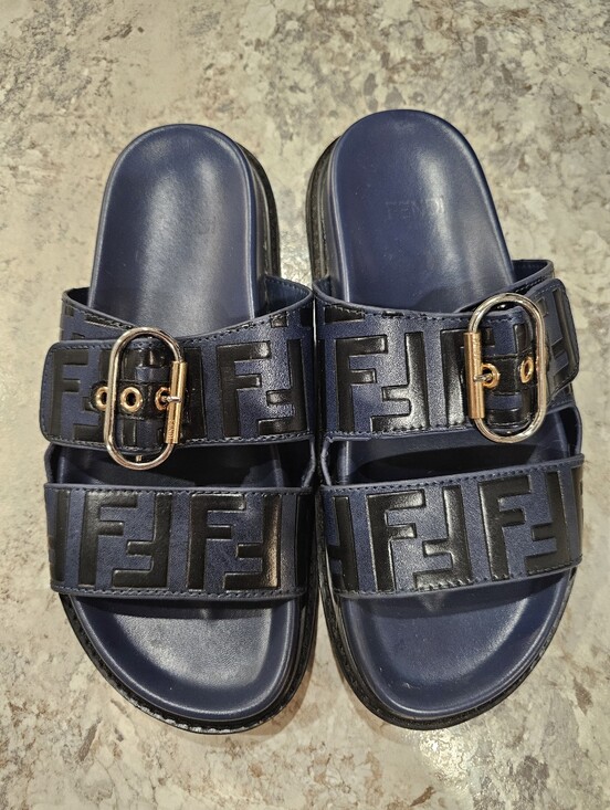 Fendi Shoes - Fendi Navy and Black FF Logo Slide Sandals with Gold/Silver Buckles